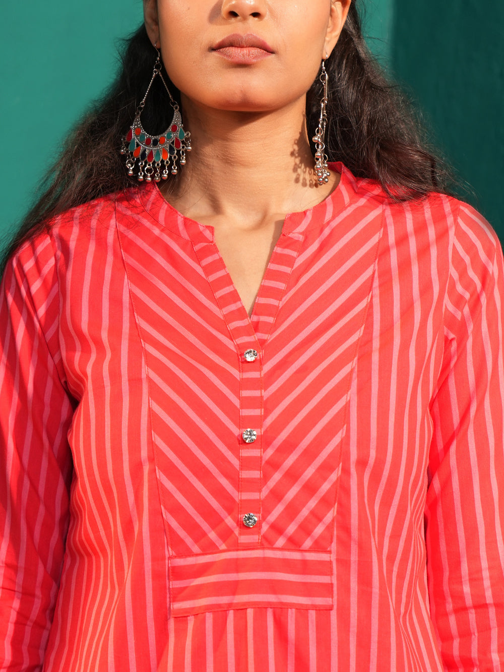 Women's Pure Cotton Striped Mandarin Collar Tunic