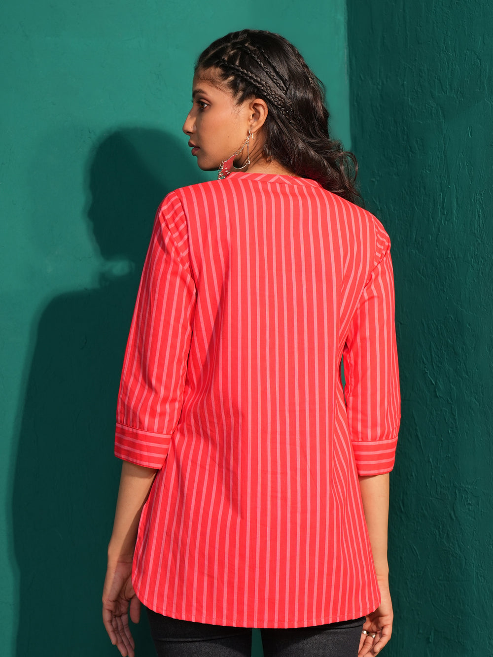 Women's Pure Cotton Striped Mandarin Collar Tunic