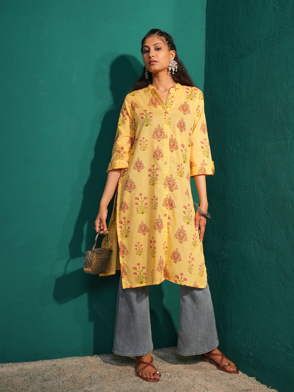 Women's Yellow Cotton Ethnic Print Long Kurta with Mandarin Collar.
