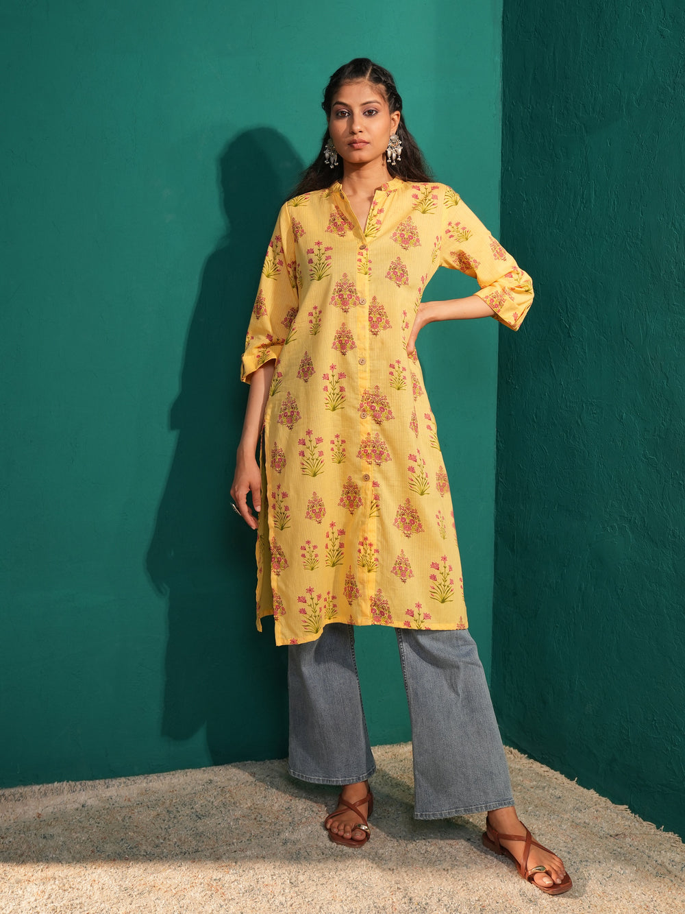 Women's Yellow Cotton Ethnic Print Long Kurta with Mandarin Collar.