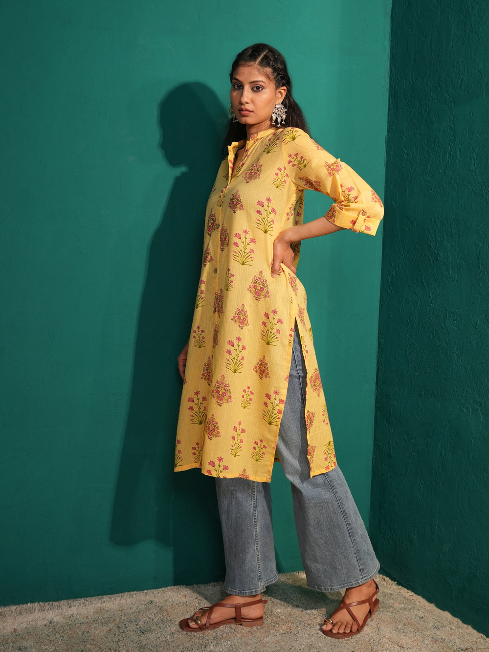Women's Yellow Cotton Ethnic Print Long Kurta with Mandarin Collar.