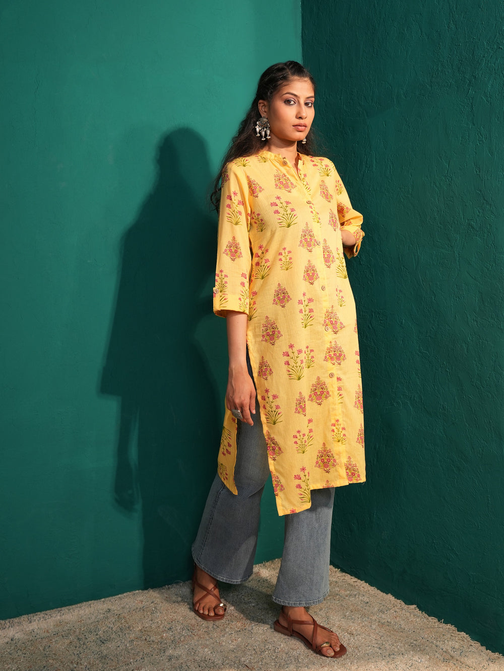 Women's Yellow Cotton Ethnic Print Long Kurta with Mandarin Collar.