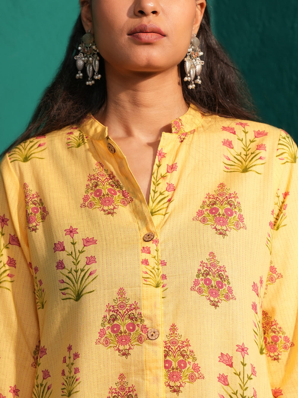 Women's Yellow Cotton Ethnic Print Long Kurta with Mandarin Collar.