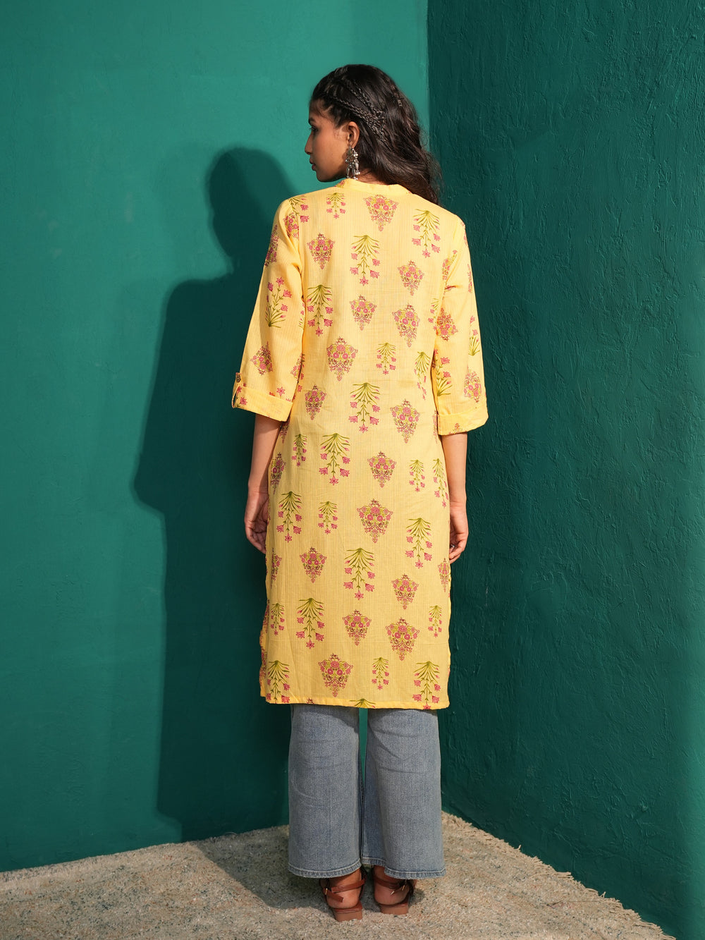 Women's Yellow Cotton Ethnic Print Long Kurta with Mandarin Collar.