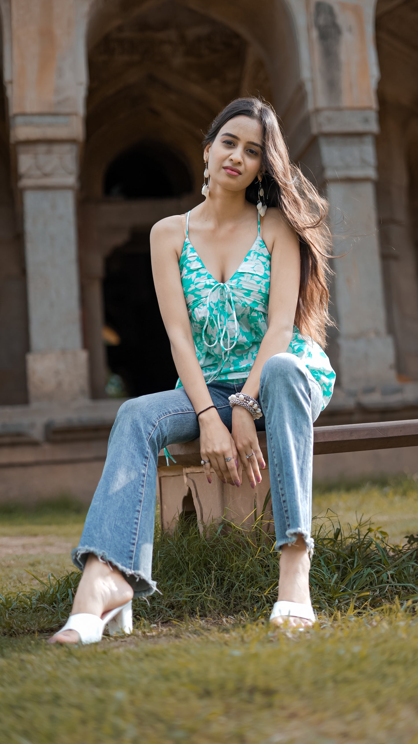 Pankudhi: Aqua Floral V Neck Cotton Top