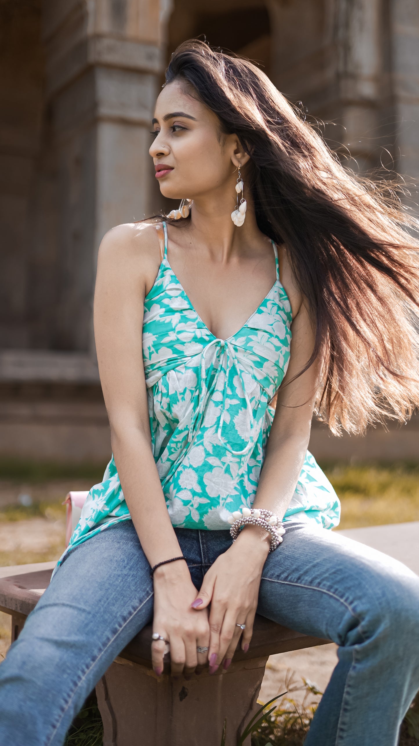 Pankudhi: Aqua Floral V Neck Cotton Top