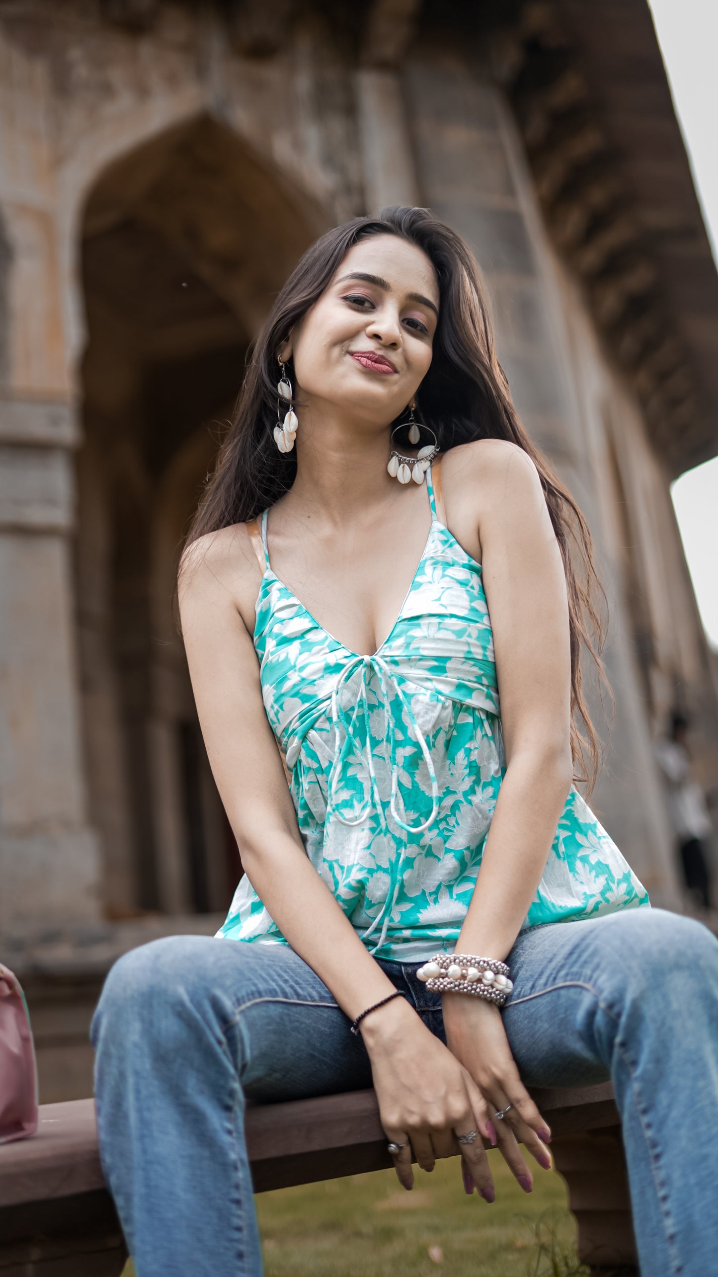 Pankudhi: Aqua Floral V Neck Cotton Top