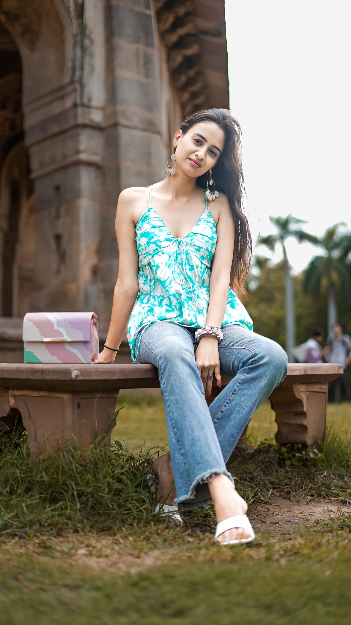 Pankudhi: Aqua Floral V Neck Cotton Top