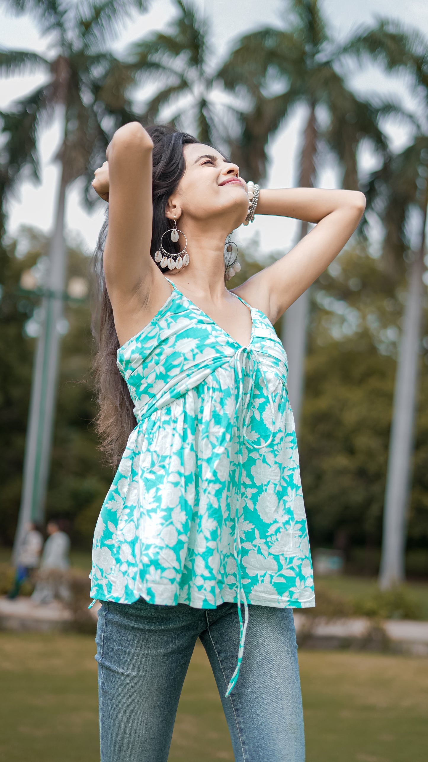 Pankudhi: Aqua Floral V Neck Cotton Top