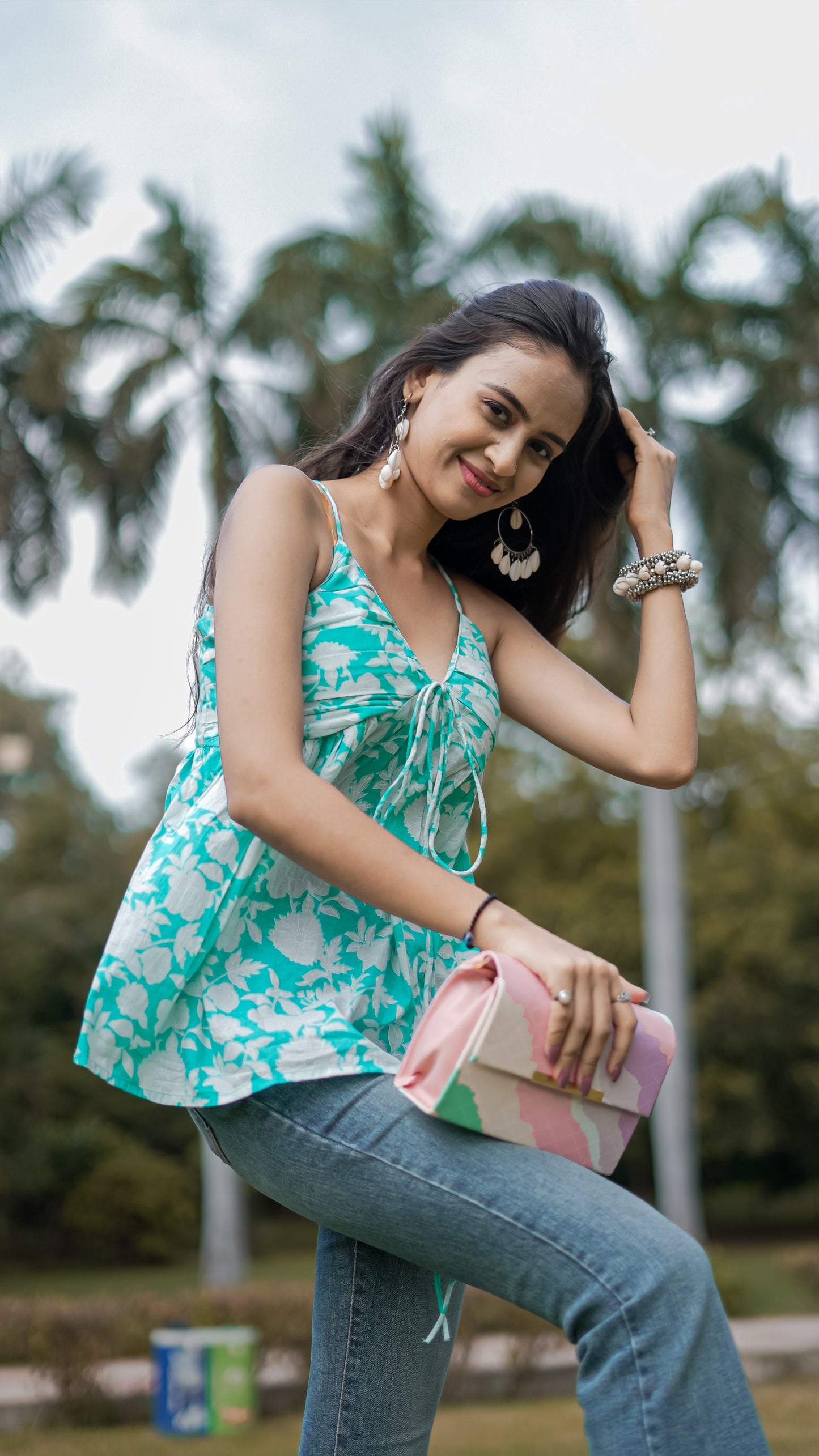 Pankudhi: Aqua Floral V Neck Cotton Top