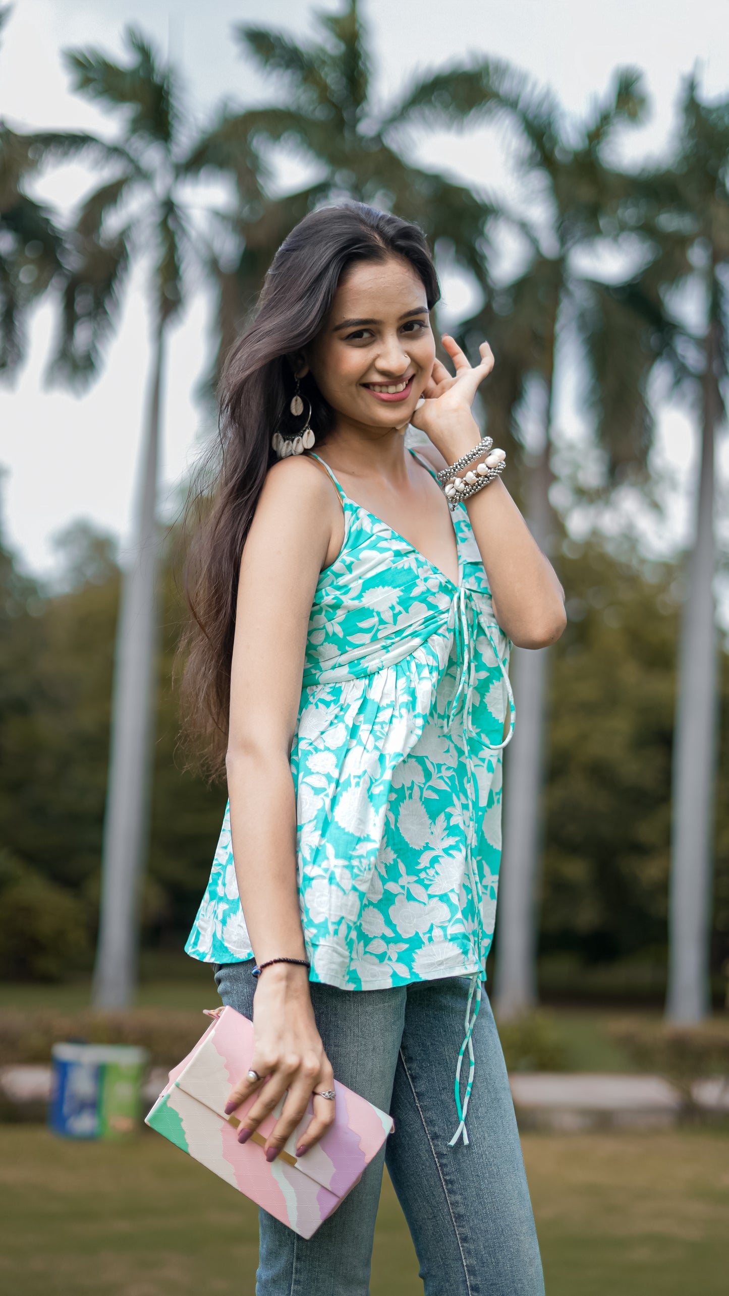 Pankudhi: Aqua Floral V Neck Cotton Top
