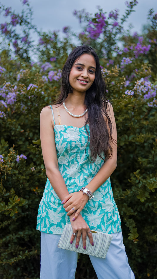 Desi Diva: Block Print Floral Strap Short Kurti