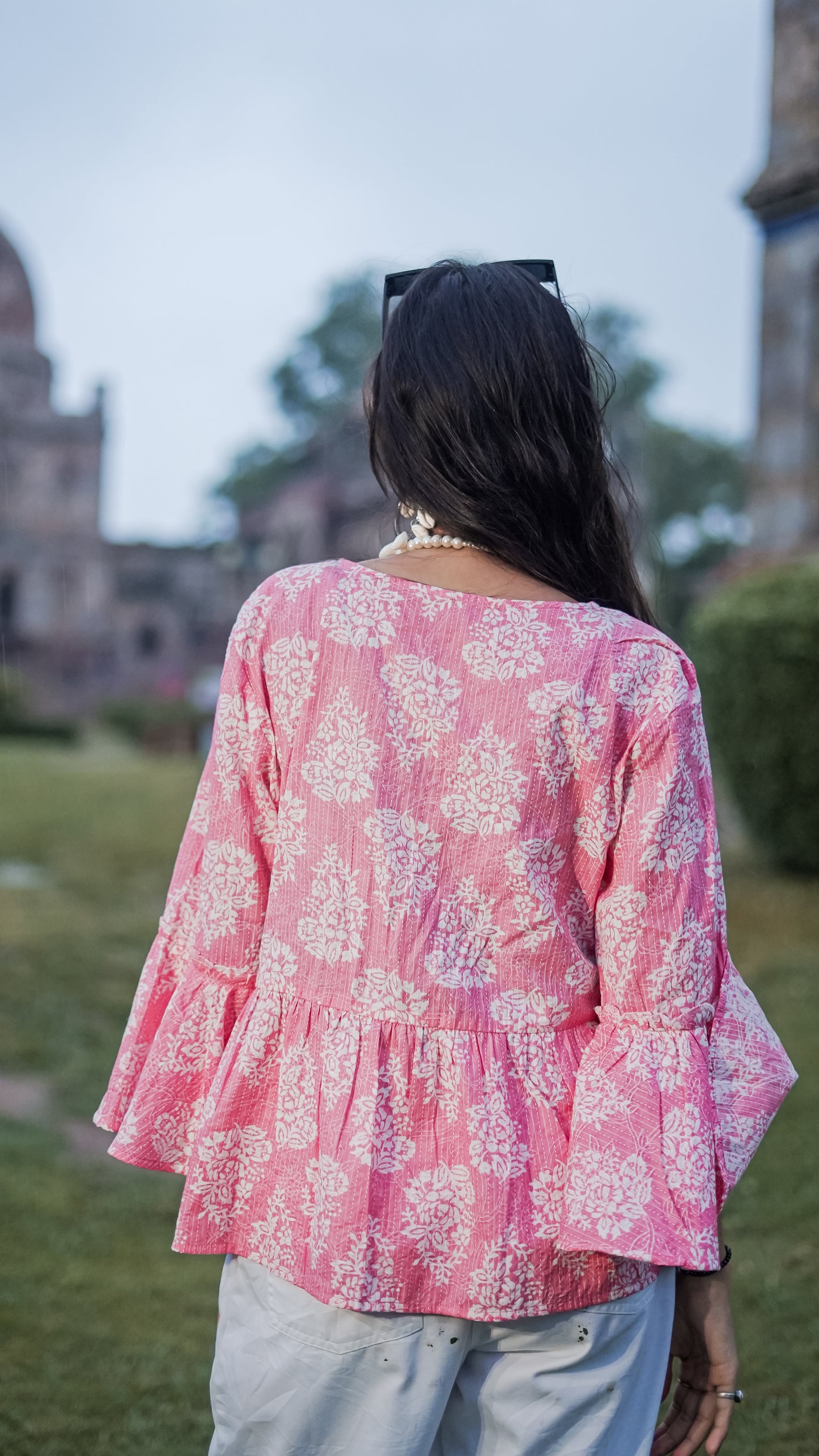Gulabo: Floral Block Print Bell-Sleeve Cotton Top