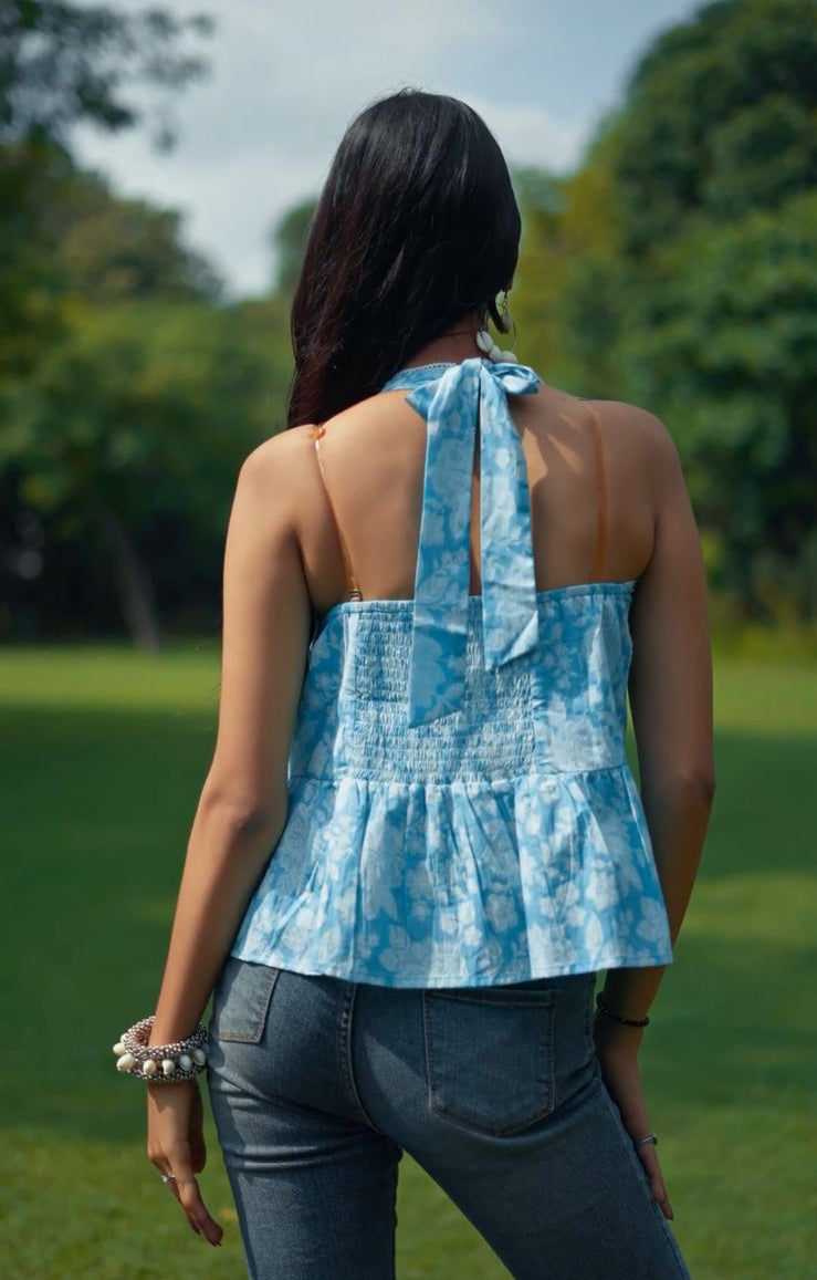 Patakha: Casual Chic Halter Neck Sky Blue Cotton Top